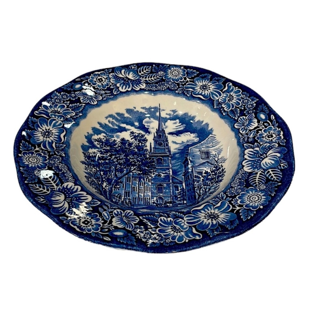 Liberty Blue Rimmed Soup Bowl, Old North Church Bowl,  Ironstone. EUC